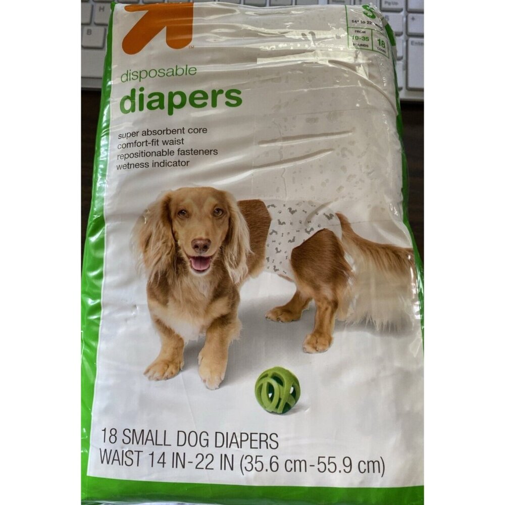Disposable Dog Diapers Sz S 10-35lbs 14-22in Waist 18 Count Wetness Indicator